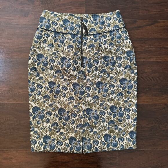 Magaschoni Collection blue gold & cream floral pencil skirt size 8 - Picture 3 of 9